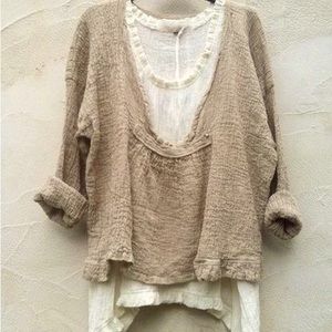 Gauze tunic & camisole set for layered look.  Taupe/white.  Size L